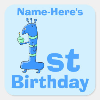 1st birthday cartoon, in blue. Custom Name. Square Sticker