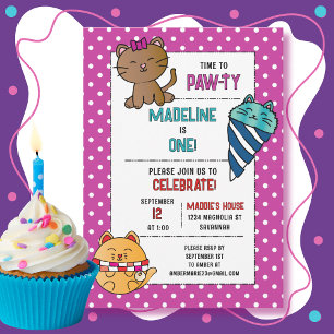 1st Birthday Cat Cartoon Cute Kitten Kids Party Invitation