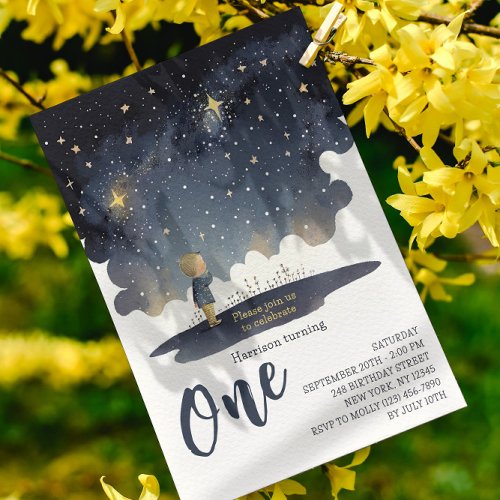 1st Birthday Celestial Stars Watercolor Boy Modern Invitation