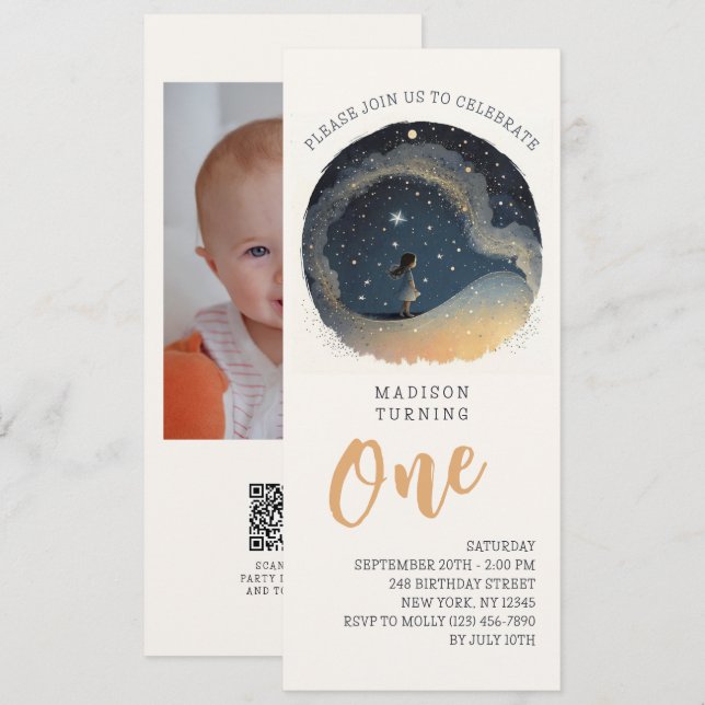 1st Birthday Celestial Stars Watercolor Boy Modern Invitation (Front/Back)