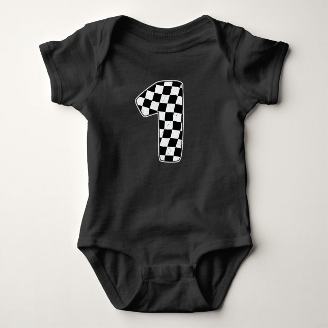 1st Birthday Checkered Number 1 Car Racing Flag Baby Bodysuit (Front)