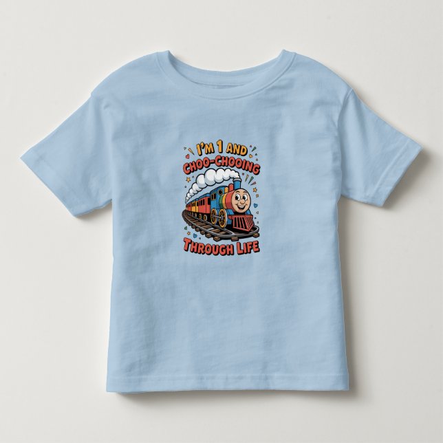 1st Birthday Choo Chooing Through Life Kids Tee  (Front)