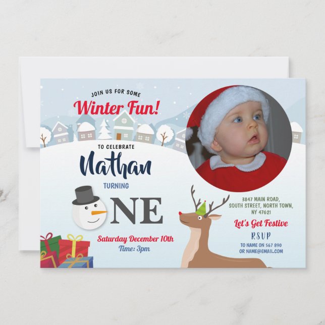1st Birthday Christmas Party Photo Snowman Winter Invitation (Front)