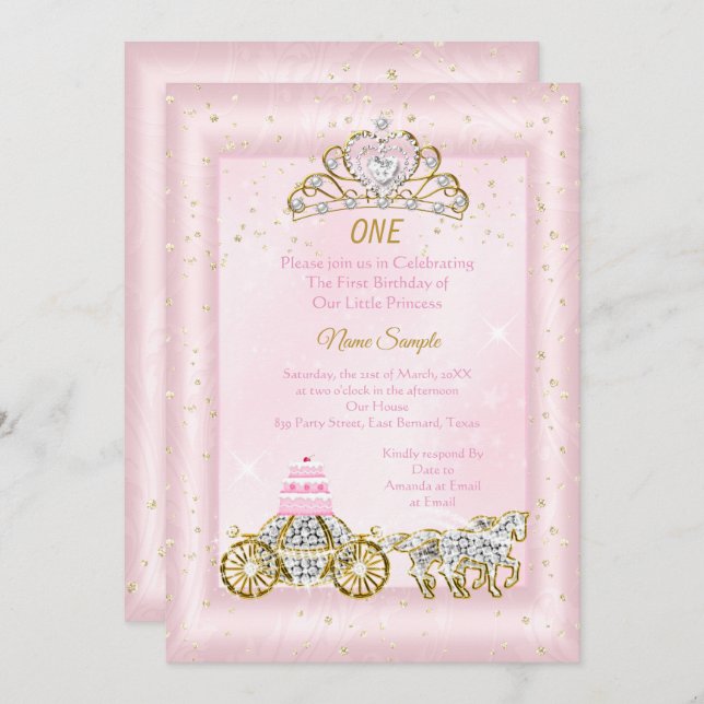 1st birthday Cinderella Blush Pink Carriage Invitation (Front/Back)