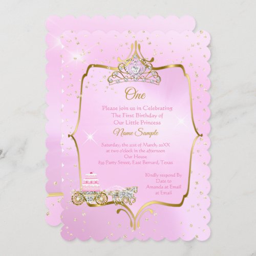 1st birthday Cinderella Pink Carriage Cake Invitation