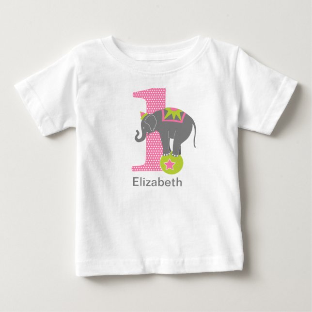 1st Birthday Circus Elephant Pink Baby T-Shirt (Front)