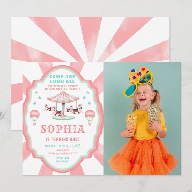 1st Birthday Circus Photo Invitation (Front/Back)