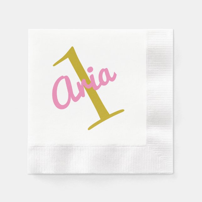 1st Birthday Cocktail Napkin Pink Gold White (Front)