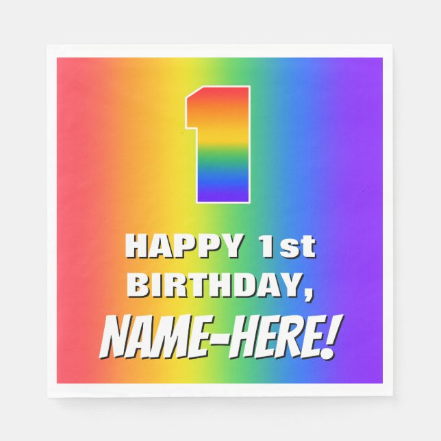 1st Birthday: Colorful, Fun Rainbow Pattern # 1 Napkins (Front)