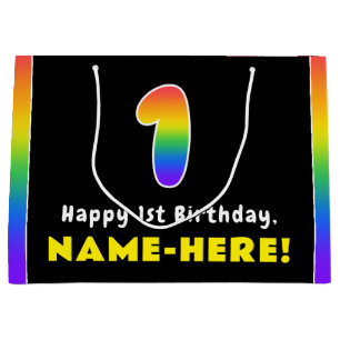 1st Birthday: Colorful Rainbow # 1, Custom Name Large Gift Bag