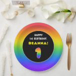 [ Thumbnail: 1st Birthday: Colorful Rainbow # 1, Custom Name Paper Plates ]