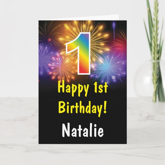 1st Birthday Colorful Rainbow Fireworks Card (Front)