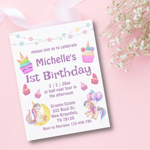 1st birthday colorful unicorns cupcakes purple  invitation
