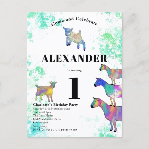 1st Birthday Colorful Watercolor Goats Invitation Postcard