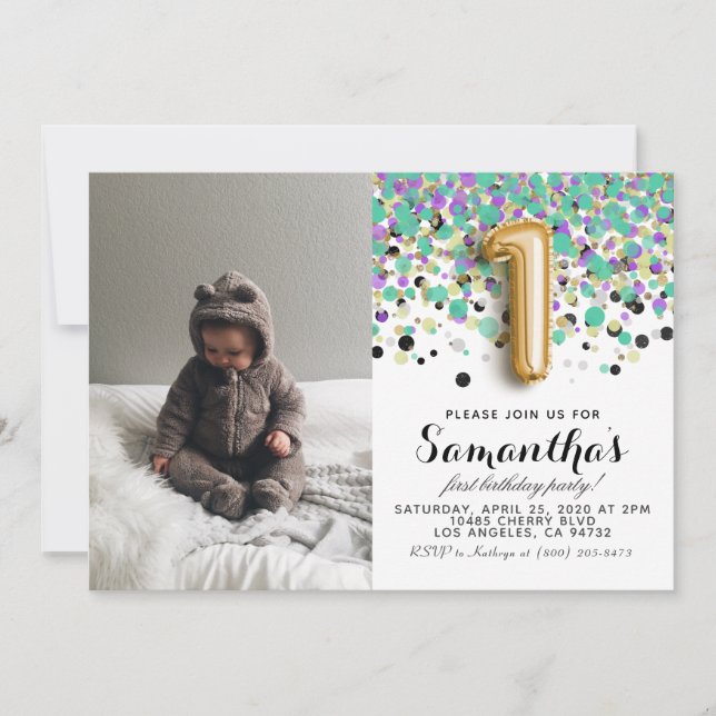 1st Birthday Confetti Portrait Invitation (Front)