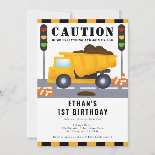 1st Birthday Construction Truck Party Invitation