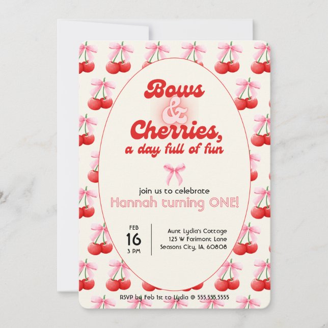 1st Birthday Coquette Cherries Bows Bubble Letters Invitation (Front)