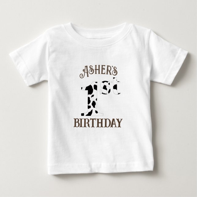 1st Birthday Cow Print Brown Text Baby T-Shirt (Front)