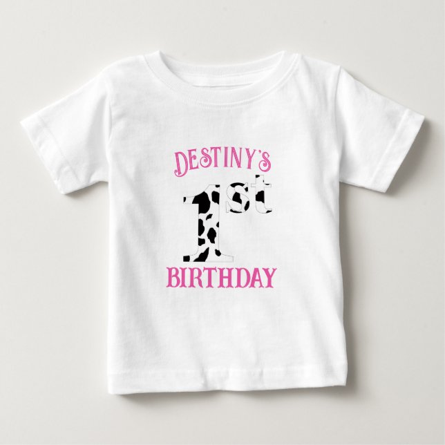 1st Birthday Cow Print Pink Text Baby T-Shirt (Front)