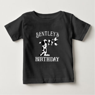 1st Birthday Cow Print White Text Baby T-Shirt