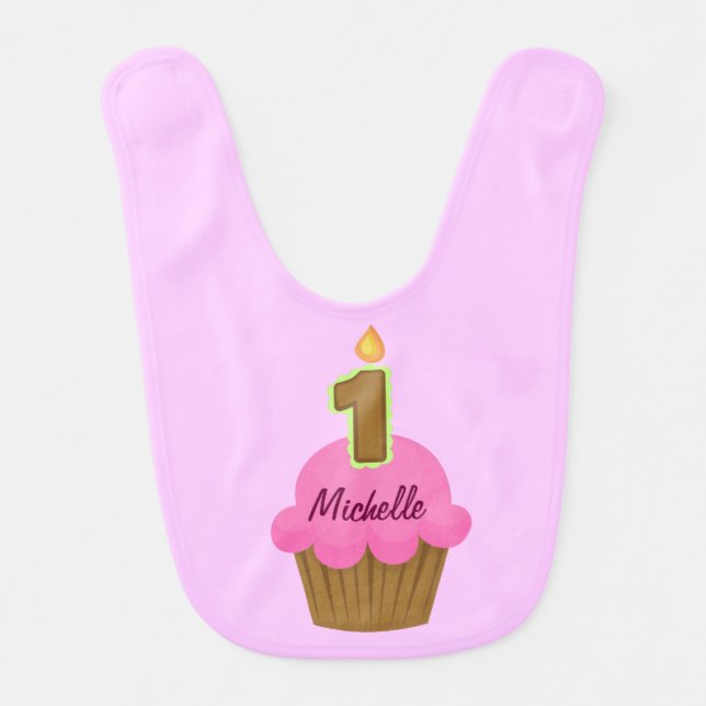 1st Birthday Cupcake Personalized Baby Bib (Front)