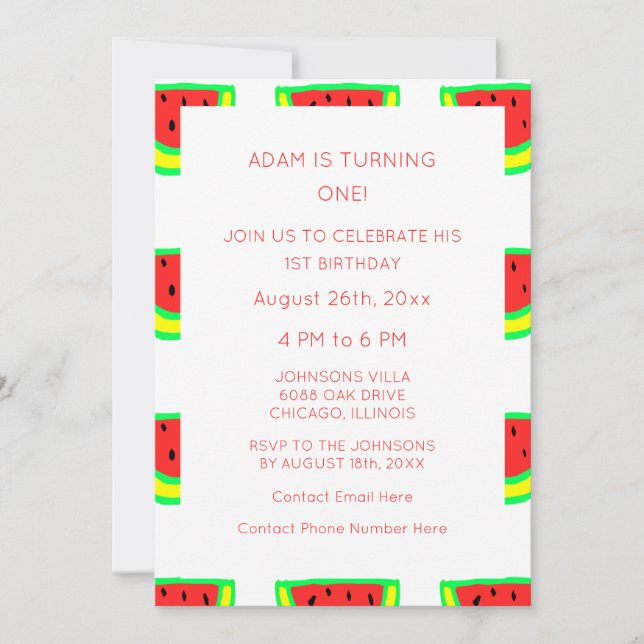 1st Birthday Custom Age Watermelon Patterns Cute Invitation (Front)