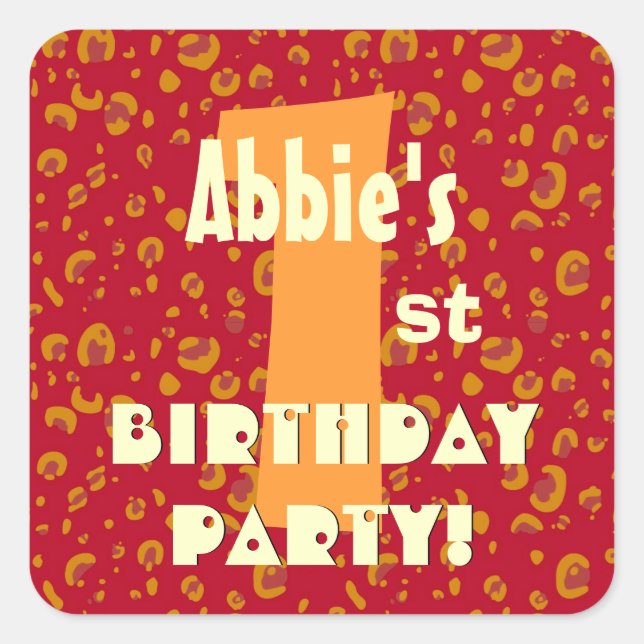 1st Birthday Custom Name Red Orange Confetti Square Sticker (Front)