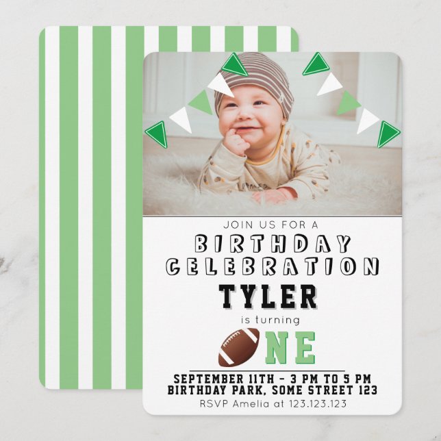 1st Birthday Cute American Football Kids Photo Invitation (Front/Back)