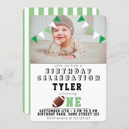 1st Birthday Cute American Football Kids Photo Invitation - 1st Birthday Cute American Football Kids Photo Invitation. The card has an American football theme - a football ball and green and white bunting flags. The backside of the card is green with white stripe pattern. Personalize the card with the child`s photo and customize the text.