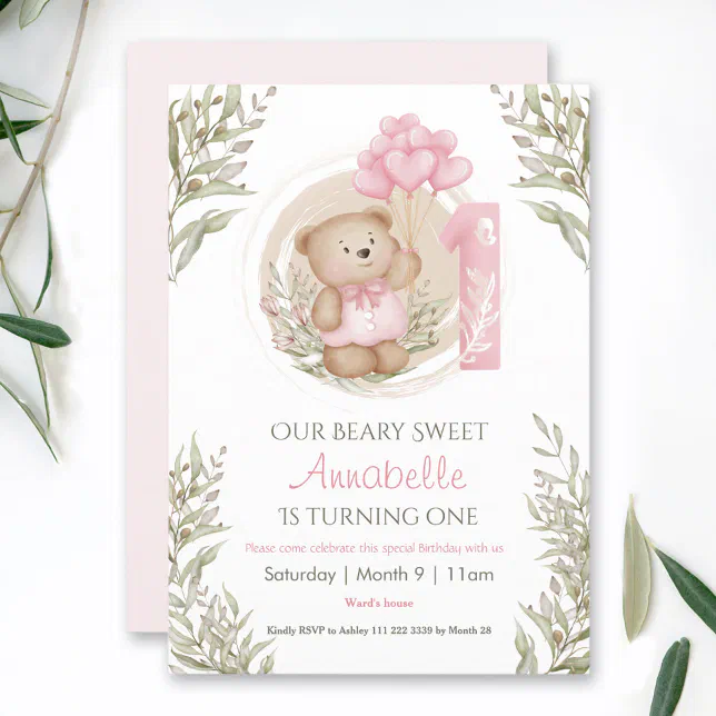 1st Birthday Cute Baby Bear Pink Heart Balloons Invitation | Zazzle