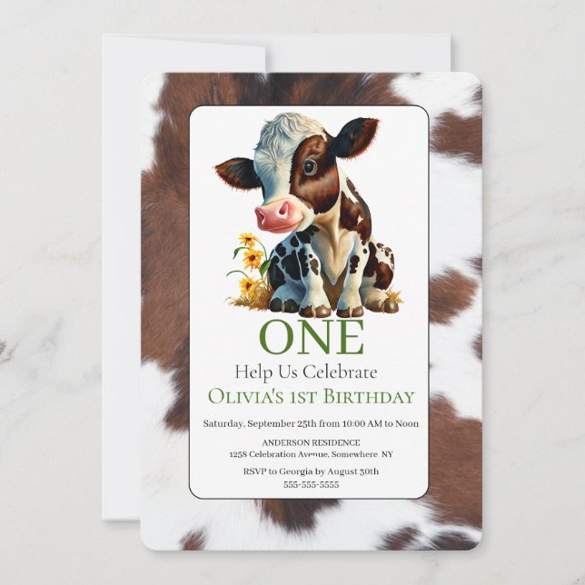  1st Birthday Cute Baby Cow Invitation  (Front)