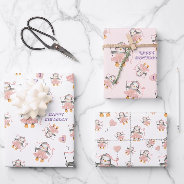 1st Birthday Cute Ballerina Penguin Pink Wrapping Paper Sheets (Front)