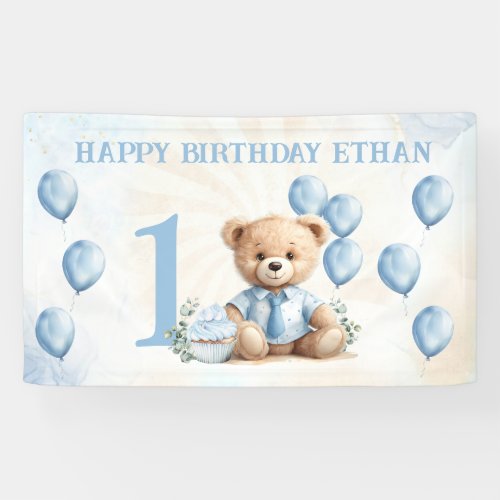 1st Birthday Cute Bear Blue Balloons Banner