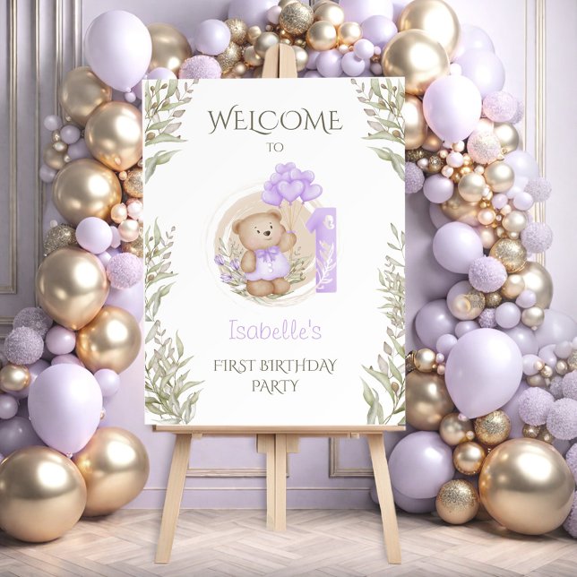 1st Birthday Cute Bear Girl Purple Welcome Sign (1st Birthday Cute Bear Girl Purple Welcome Sign)