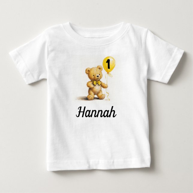 1st Birthday, Cute Bear w Balloon, Personalized Baby T-Shirt (Front)