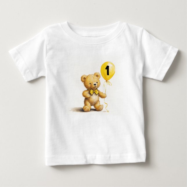 1st Birthday, Cute Bear w Balloon, Personalized Baby T-Shirt (Front)