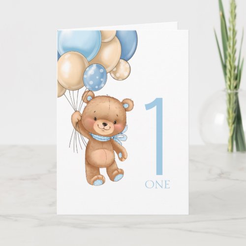 1st birthday cute blue balloons boy teddy card