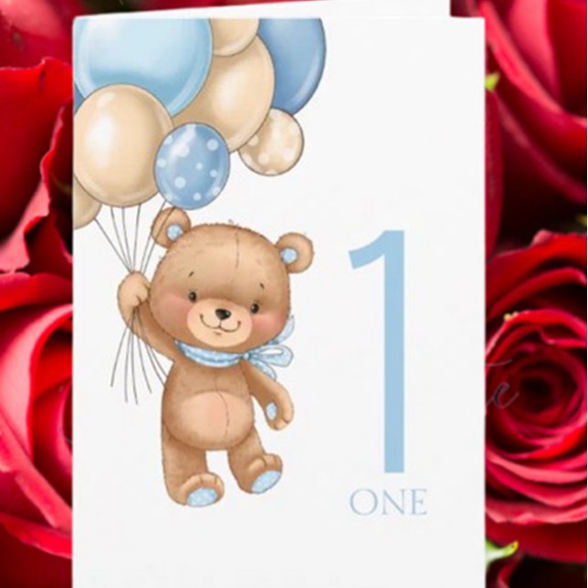 1st birthday cute blue balloons boy teddy card (Celebrate a special boy’s first birthday with this adorable blue balloons and teddy card. )