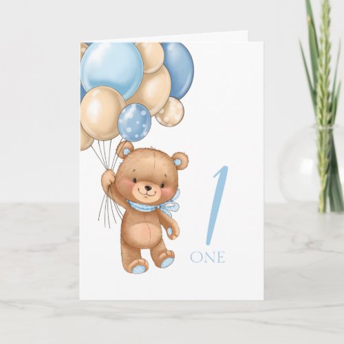 1st birthday cute blue balloons boy teddy card