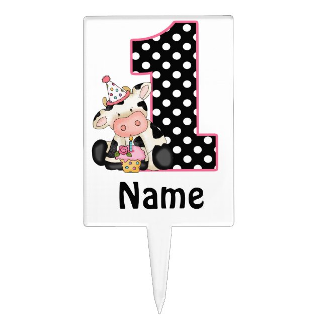 1st Birthday Cute Cow Pink Personalized Cakepick (Front)