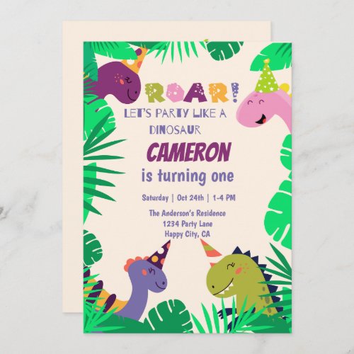 1st Birthday Cute Dinosaurs Roar Lets Have Fun Invitation