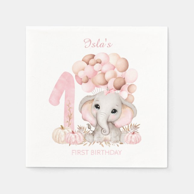 1st Birthday Cute Elephant Fall Girl Paper Napkins (Front)