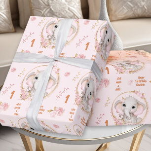 1st Birthday Cute Elephant Floral Pink Girl Name Wrapping Paper