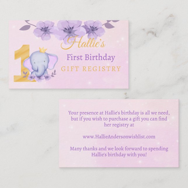 1st Birthday Cute Elephant Pink Gift Registry  Enclosure Card (Front/Back)