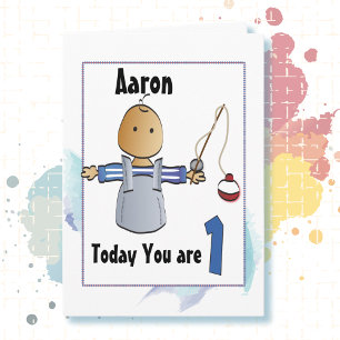 1st Birthday Cute Ethnic Boy Cartoon Fishing   Card