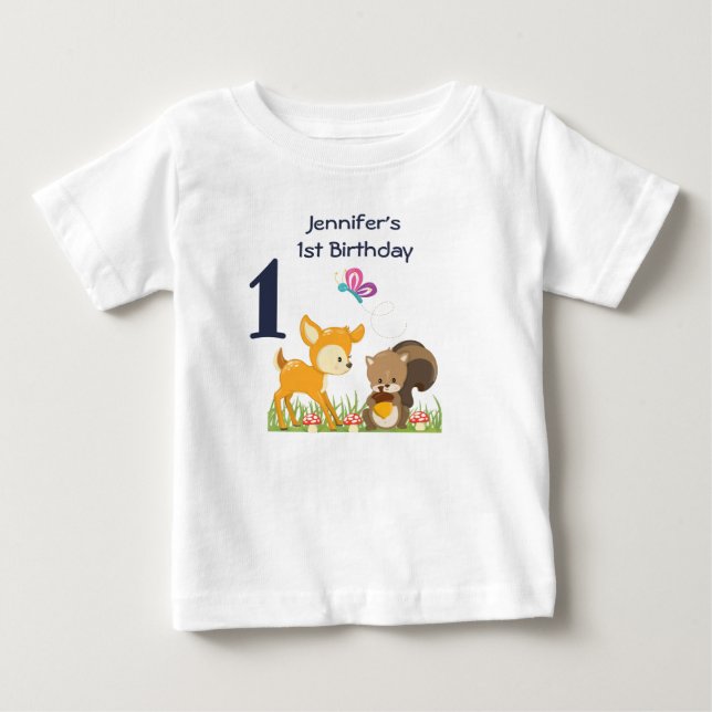 1st Birthday Cute Forest Animals Baby T-Shirt (Front)