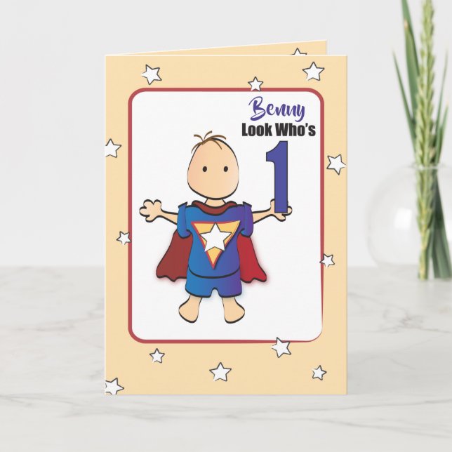 1st Birthday Cute Fun Cartoon Super Boy Birthday Card (Front)