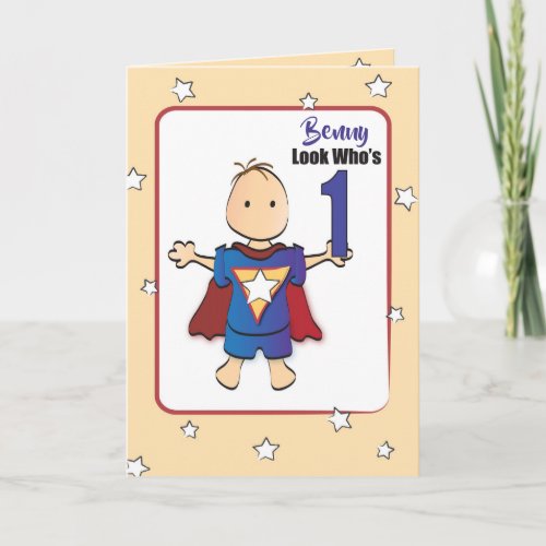 1st Birthday Cute Fun Cartoon Super Boy Birthday Card