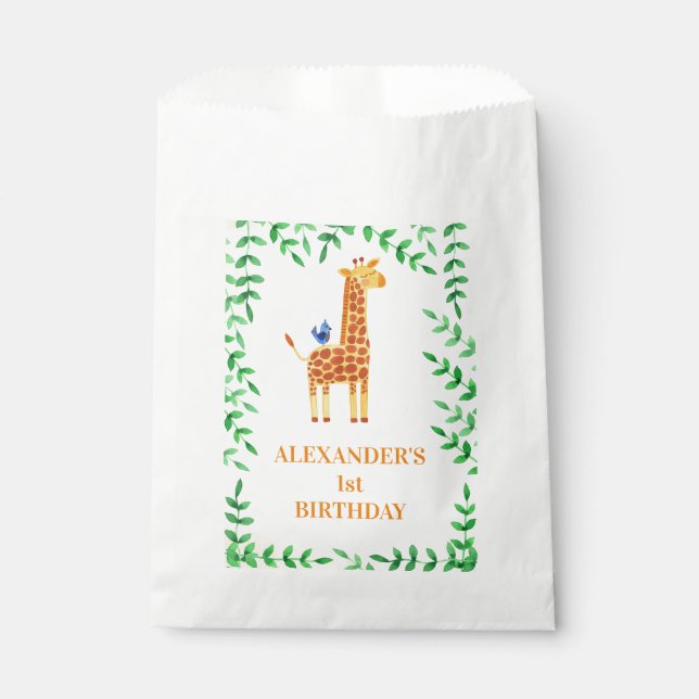 1st Birthday Cute Giraffe & Bird Whimsical Party Favor Bag (Front)
