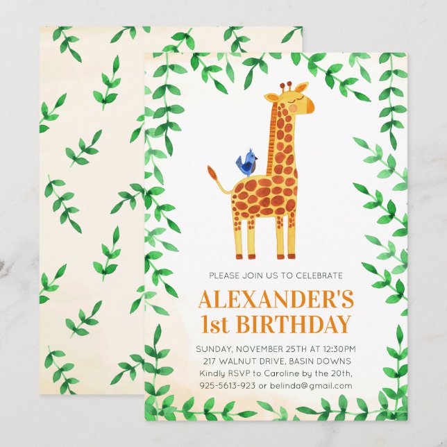 1st Birthday Cute Giraffe & Bird Whimsical Party Invitation (Front/Back)
